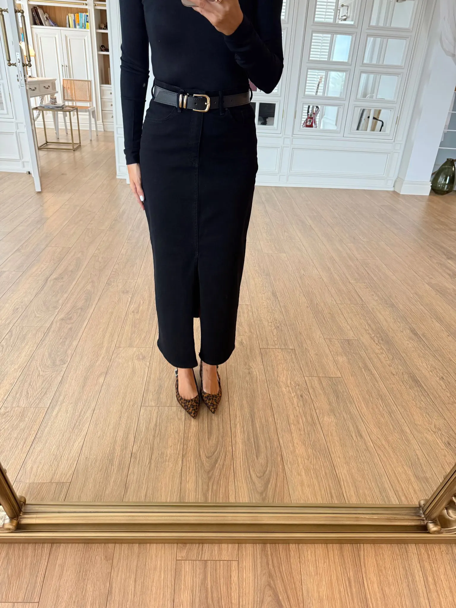 Yelena Rim Kemerli Ön Yırtmaçlı Jean Etek - Siyah, 34