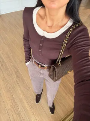 Önü Düğmeli Kahve Çift Görünümlü Bluz