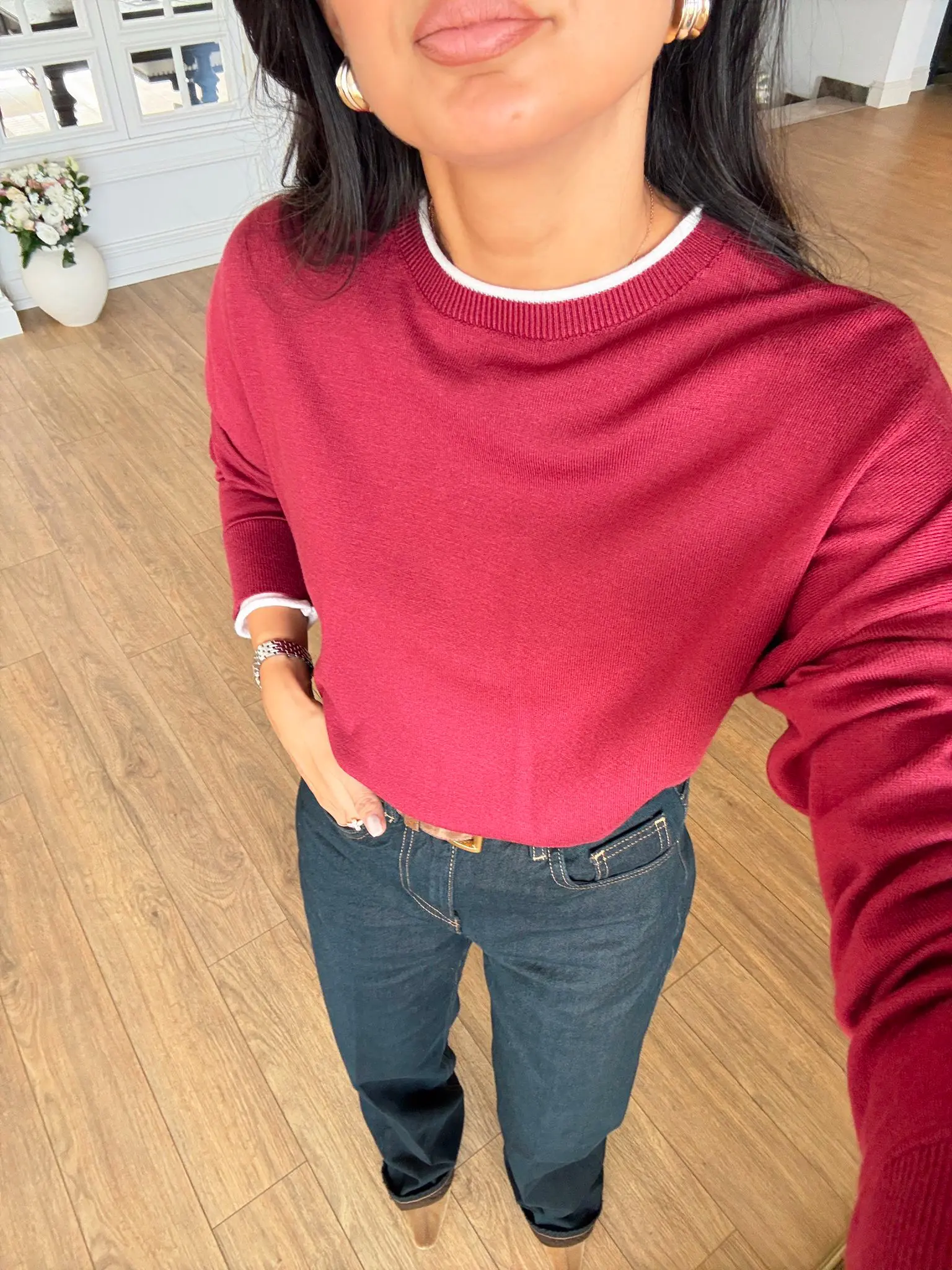 Ozazza Yaka Biyeli Triko Bluz - Bordo, Standart