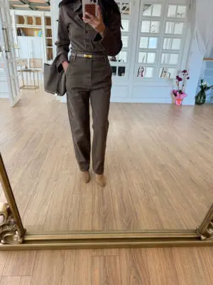 Elisan Haki/Kahve Yıkamalı Dikiş Detaylı Jean