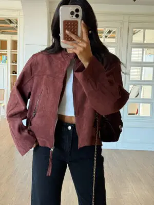 Cherry Özel Seri Süs Kemer Detaylı Fermuarlı Süet Ceket