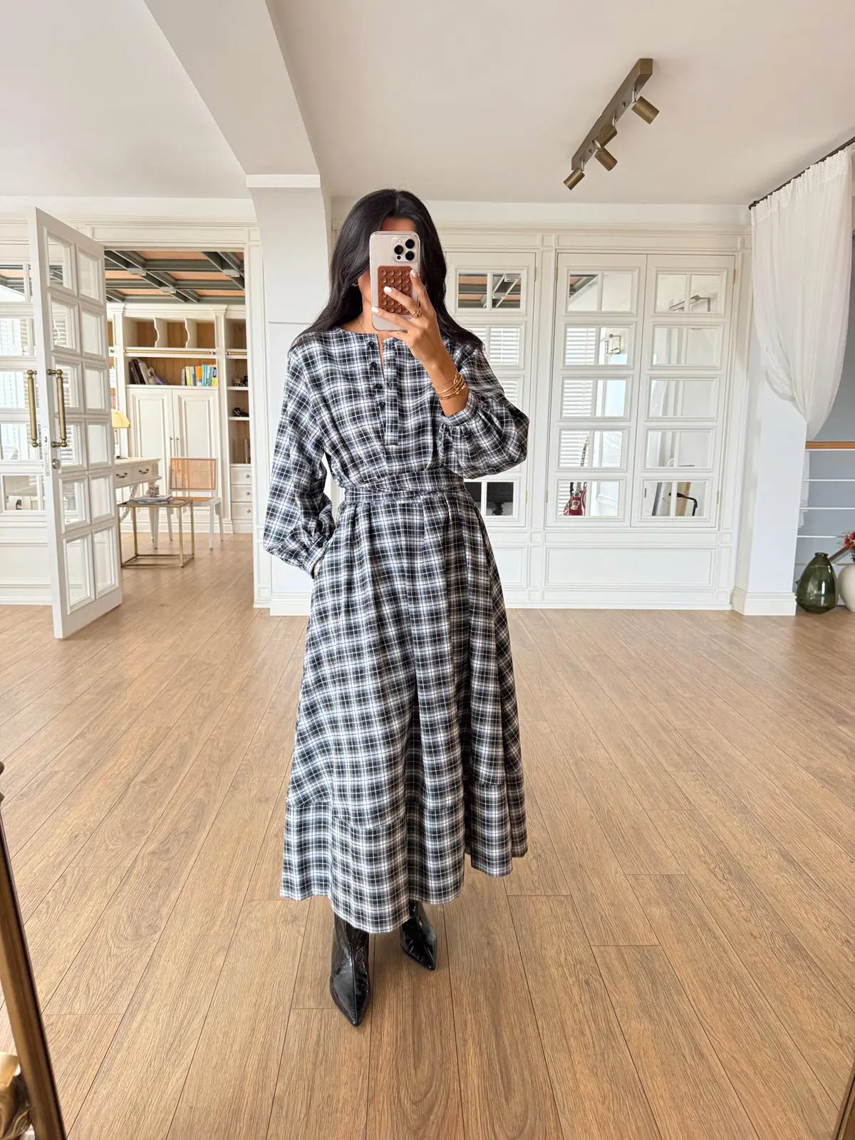 Onions Kuşaklı Ekoseli Gömlek Elbise