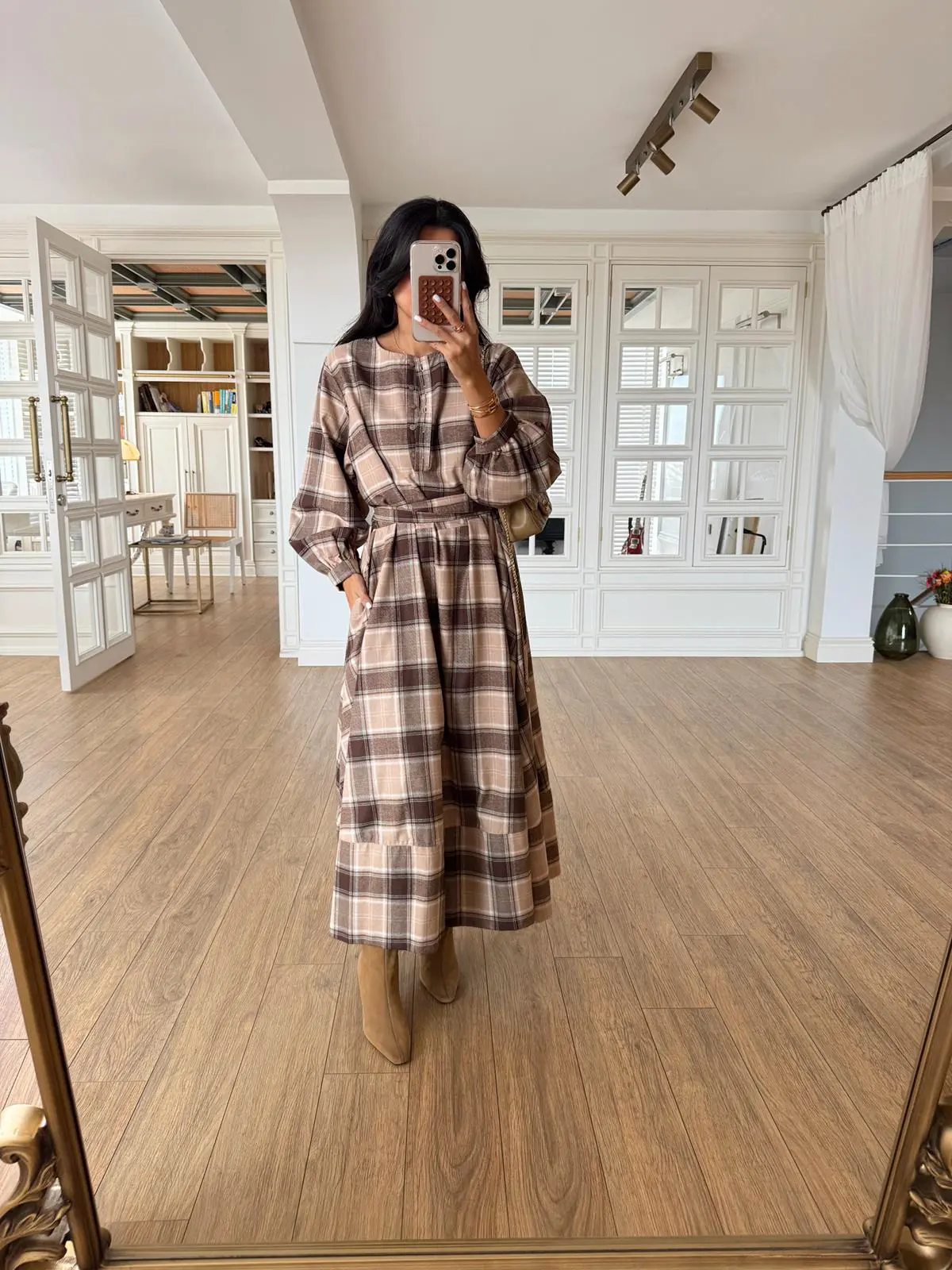 Onions Kuşaklı Ekoseli Gömlek Elbise