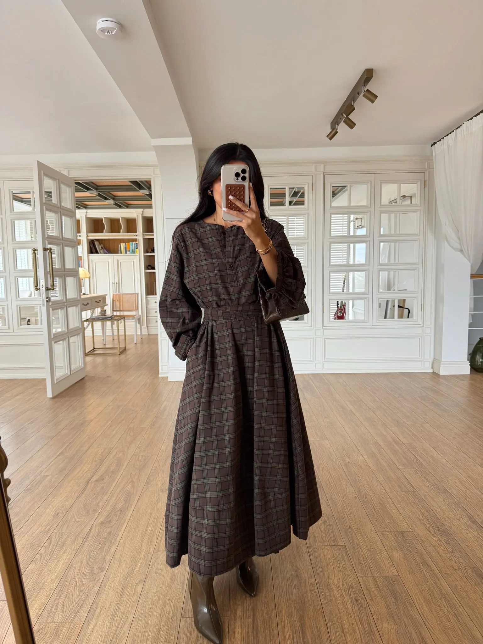 Onions Kuşaklı Ekoseli Gömlek Elbise