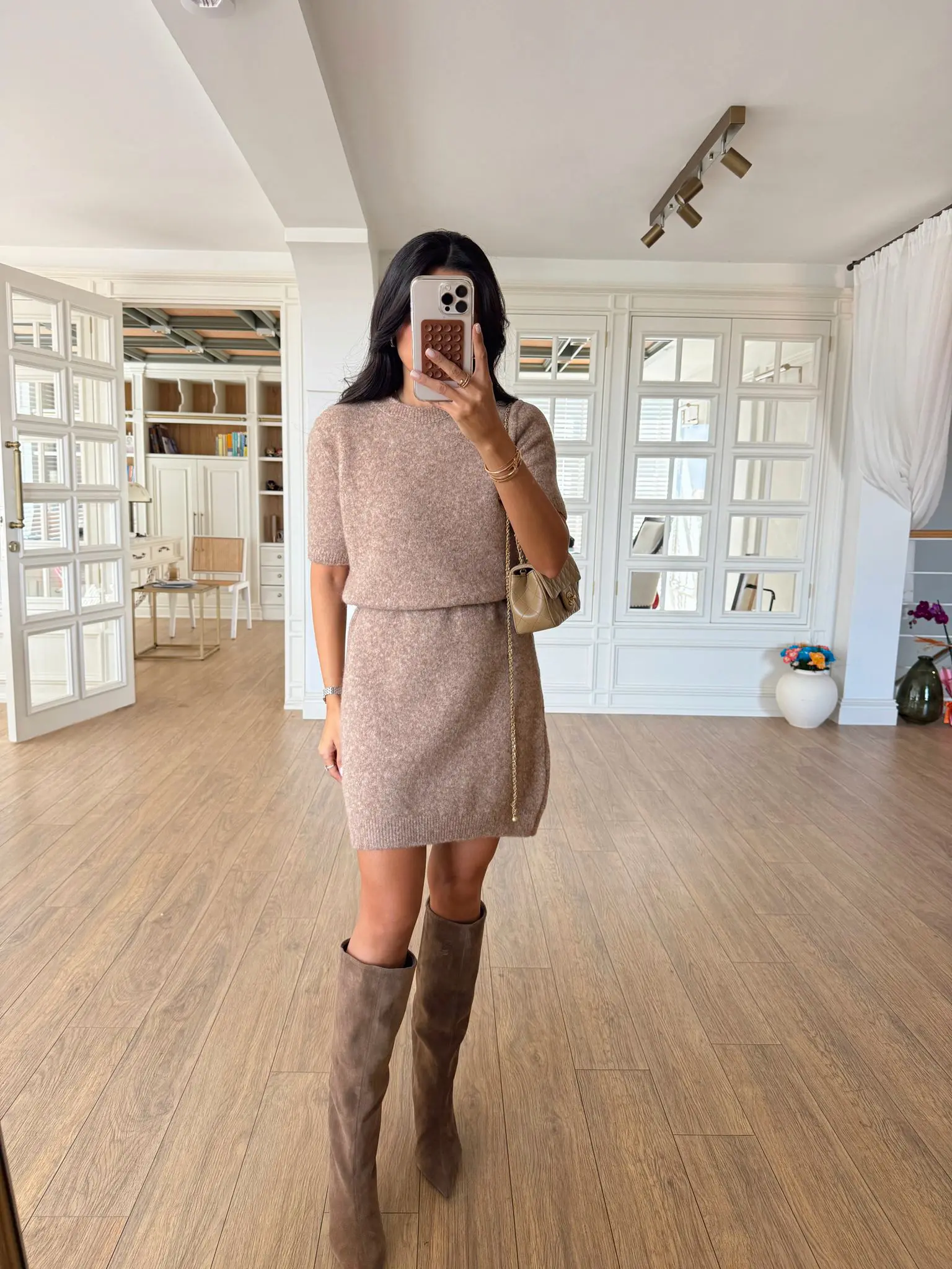 Enix Bisiklet Yaka Yumuşak Dokulu Triko Elbise - Koyu Bej, Standart