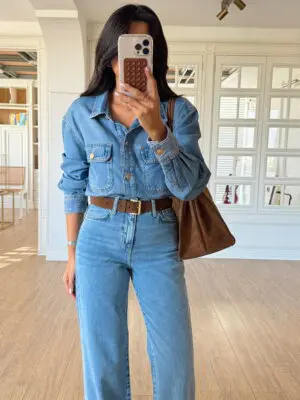 Valentino Gold Düğmeli Çift Cepli Jean Gömlek