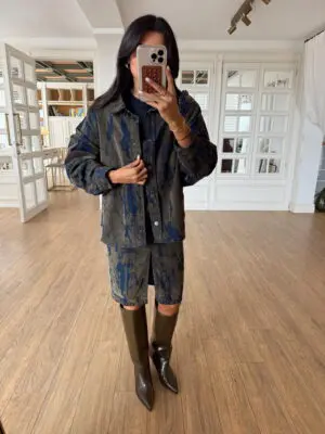 Sona Özel Seri Haki-Lacivert Renk Geçişli Çıt Çıtlı Jean Ceket