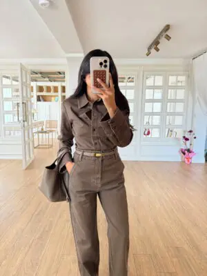 Esilo Haki/Kahve Yıkamalı Arka Pile Detaylı Jean Gömlek
