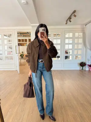 Leather Özel Seri Acı Kahve Çift Cep Detaylı Fermuarlı Süet Ceket