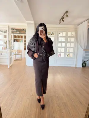 Vanezuella Rims Acı Kahve Ön Yırtmaçlı Jean Etek