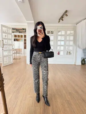 Aloel Leopar Desenli Kesik Paça Jean