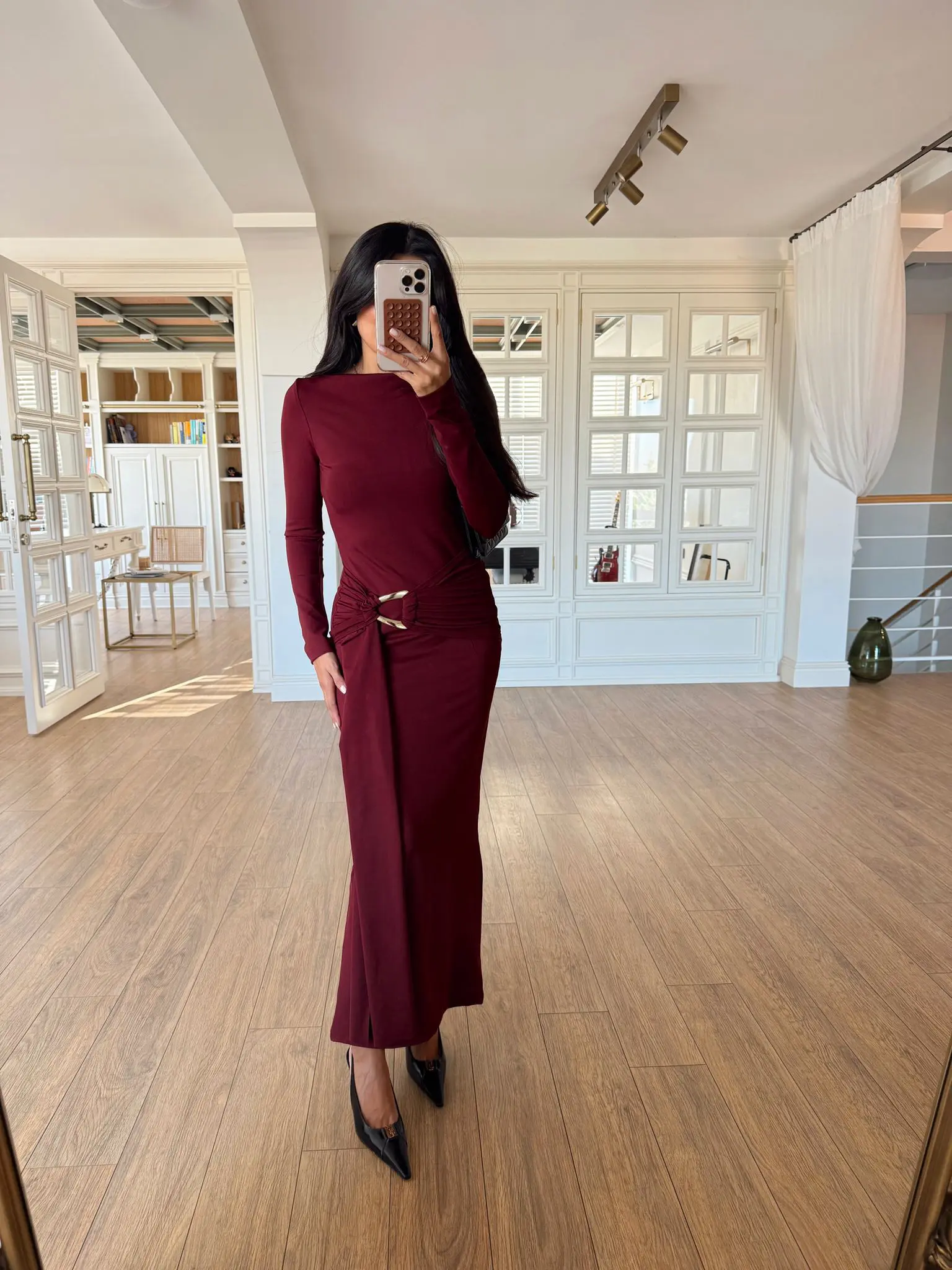 Janga Toka Detaylı Uzun Kollu Maxi Boy Elbise