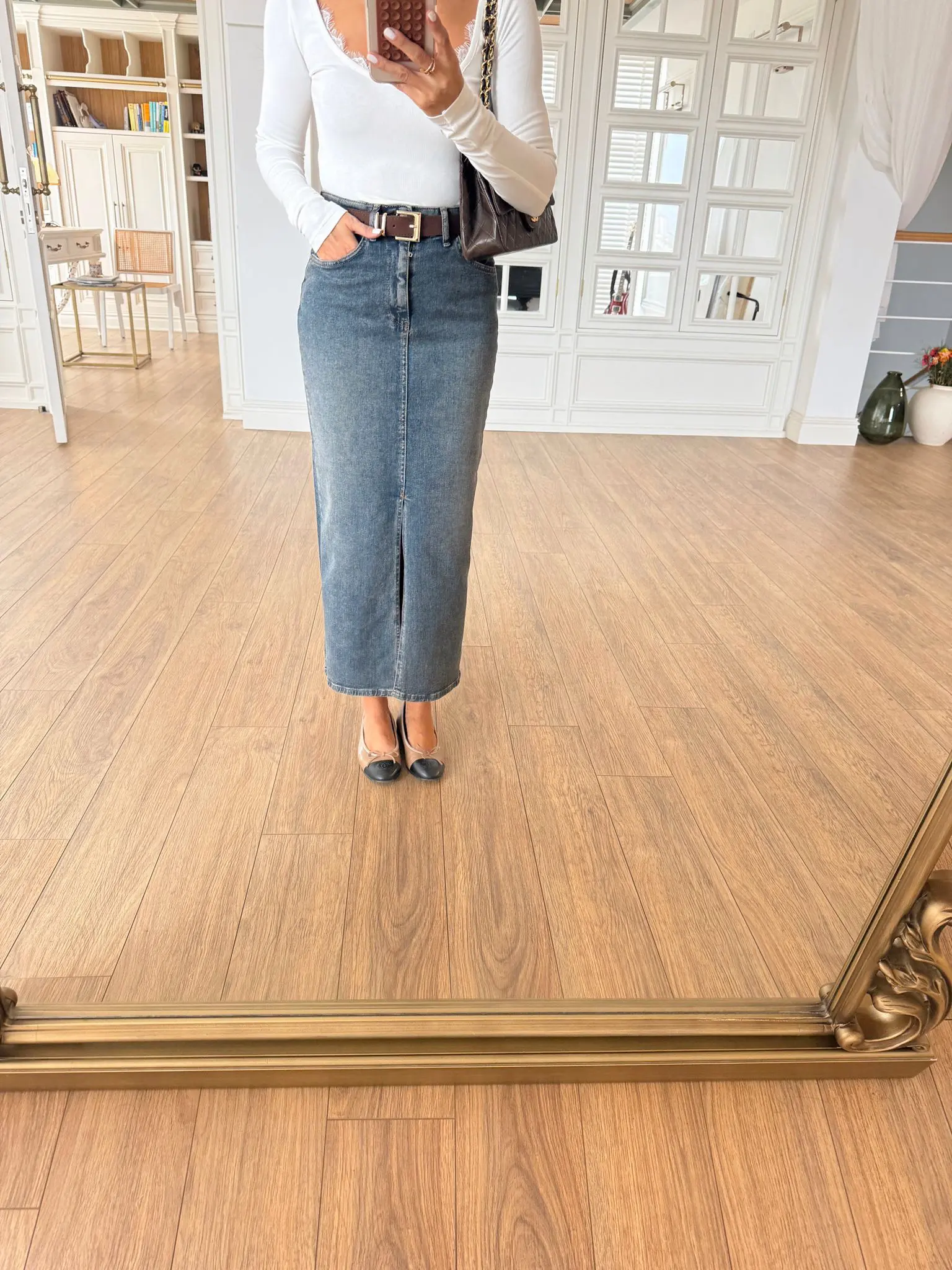 Yelena Rim Kemerli Ön Yırtmaçlı Jean Etek - Koyu Eskitme, 34