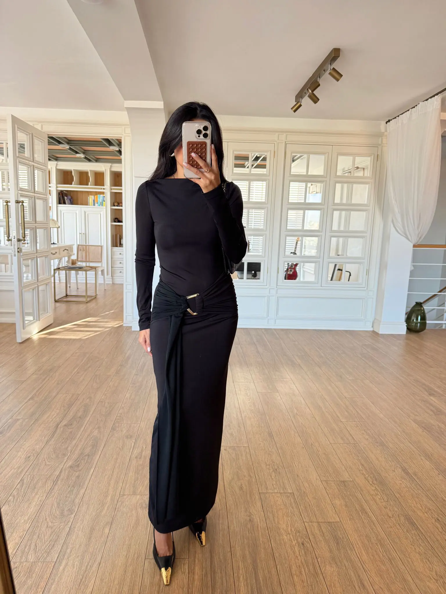 Janga Toka Detaylı Uzun Kollu Maxi Boy Elbise