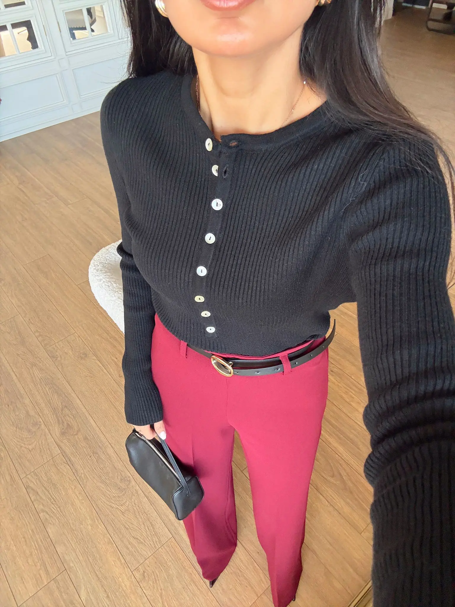 Stan Sedef Düğmeli Bisiklet Yaka Yünlü Triko - Siyah, Standart