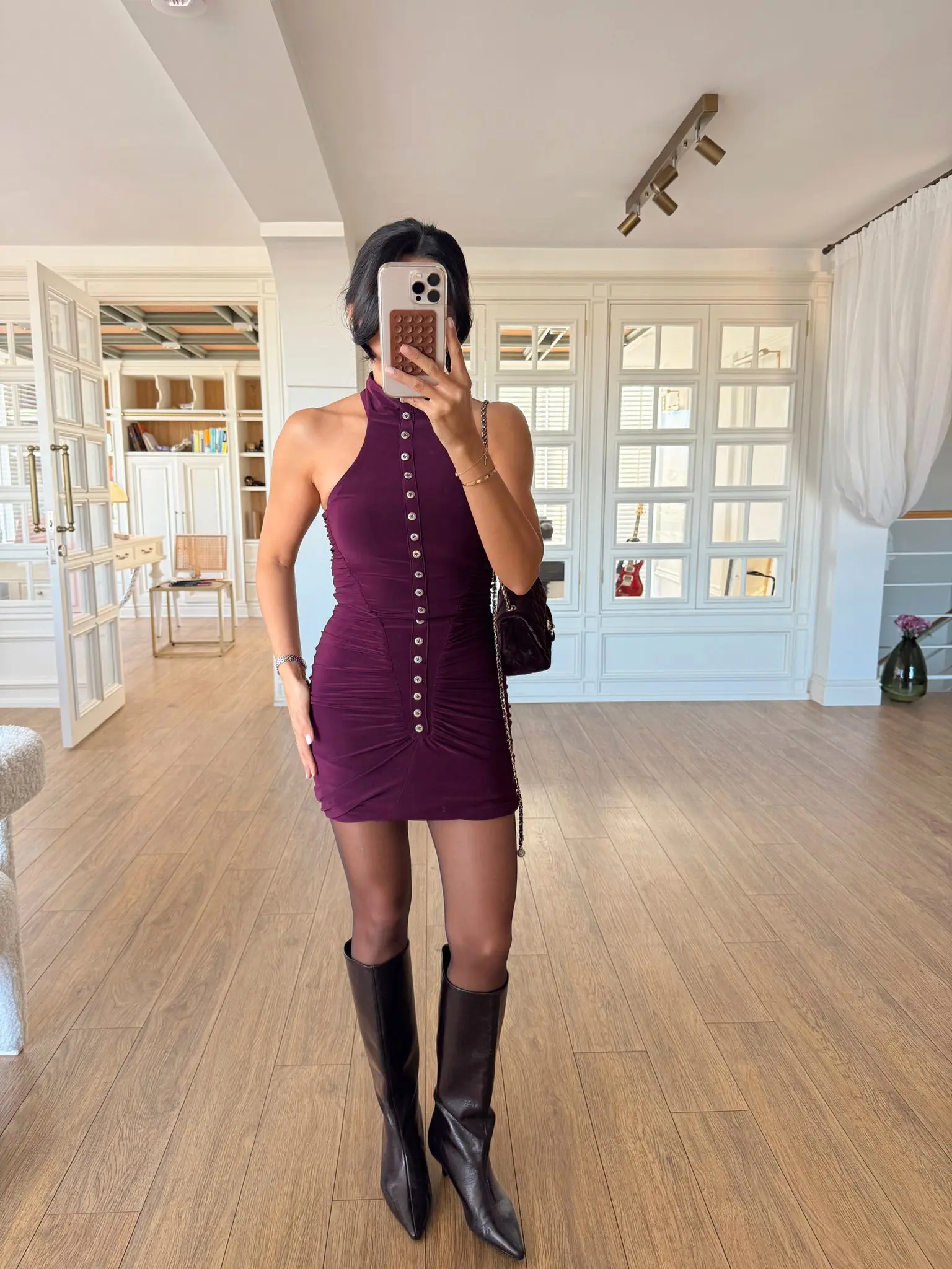 Düğme Detaylı Halter Yaka Drapeli Mini Elbise