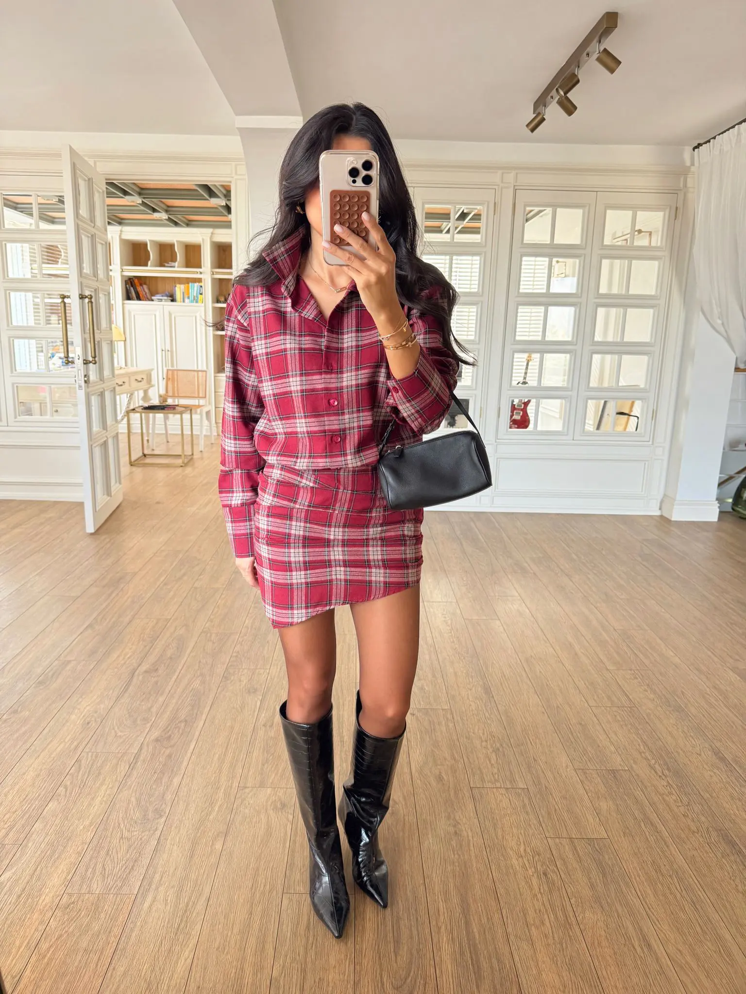 Alkos Eteği Drapeli Ekoseli Elbise