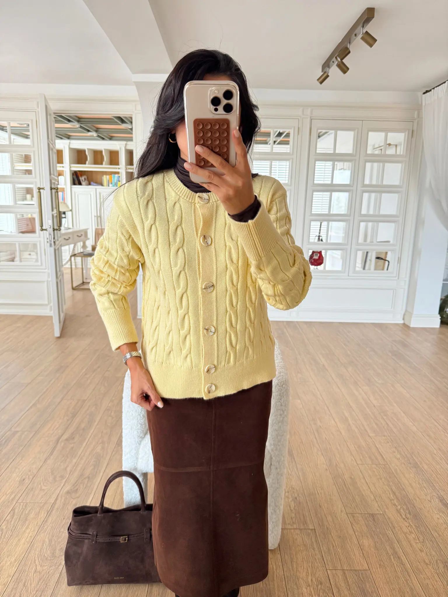 Vanessa Beş Düğmeli Saç Örgü Triko Hırka - Sarı, Standart