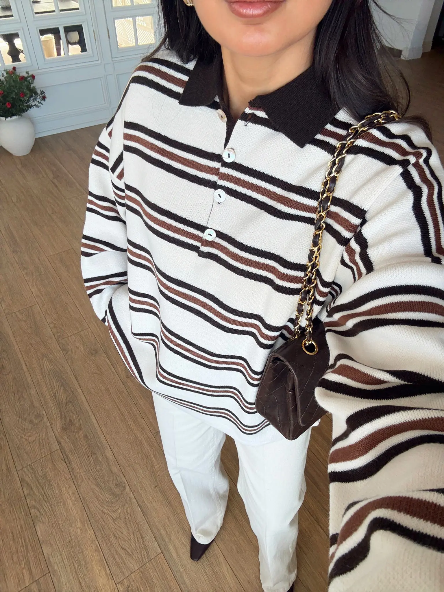 Bavilla Style Polo Yaka Çizgili Triko - Krem-Kahve, Standart