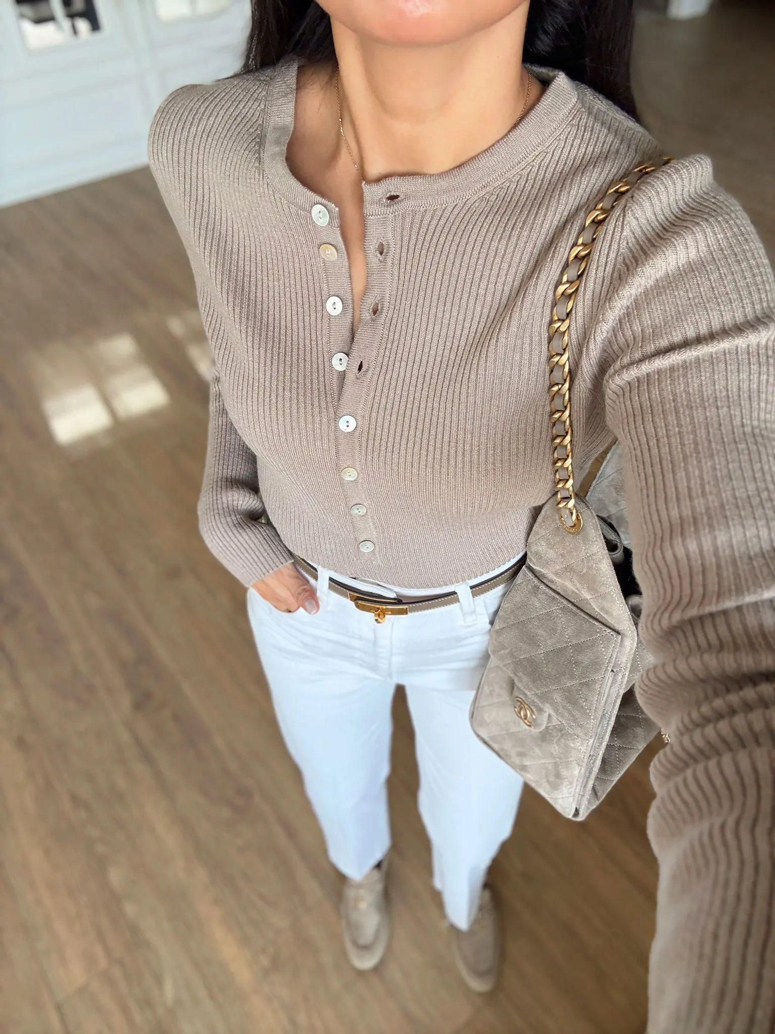 Stan Sedef Düğmeli Bisiklet Yaka Yünlü Triko - Koyu Vizon, Standart