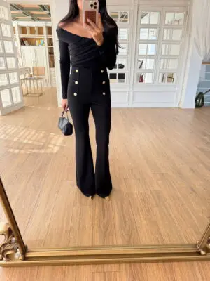 Pervo More Önden Gold Düğme Detaylı İspanyol Paça Kumaş Pantolon