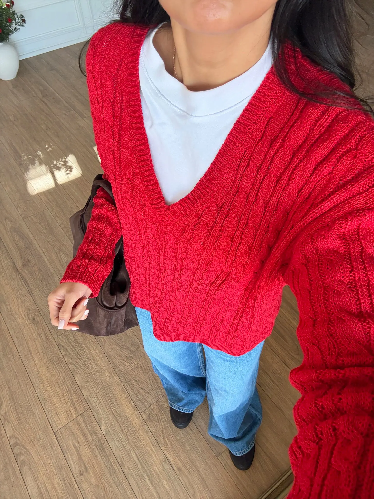 Bolga V Yaka Saç Örgü Detaylı Triko - Kırmızı, Standart