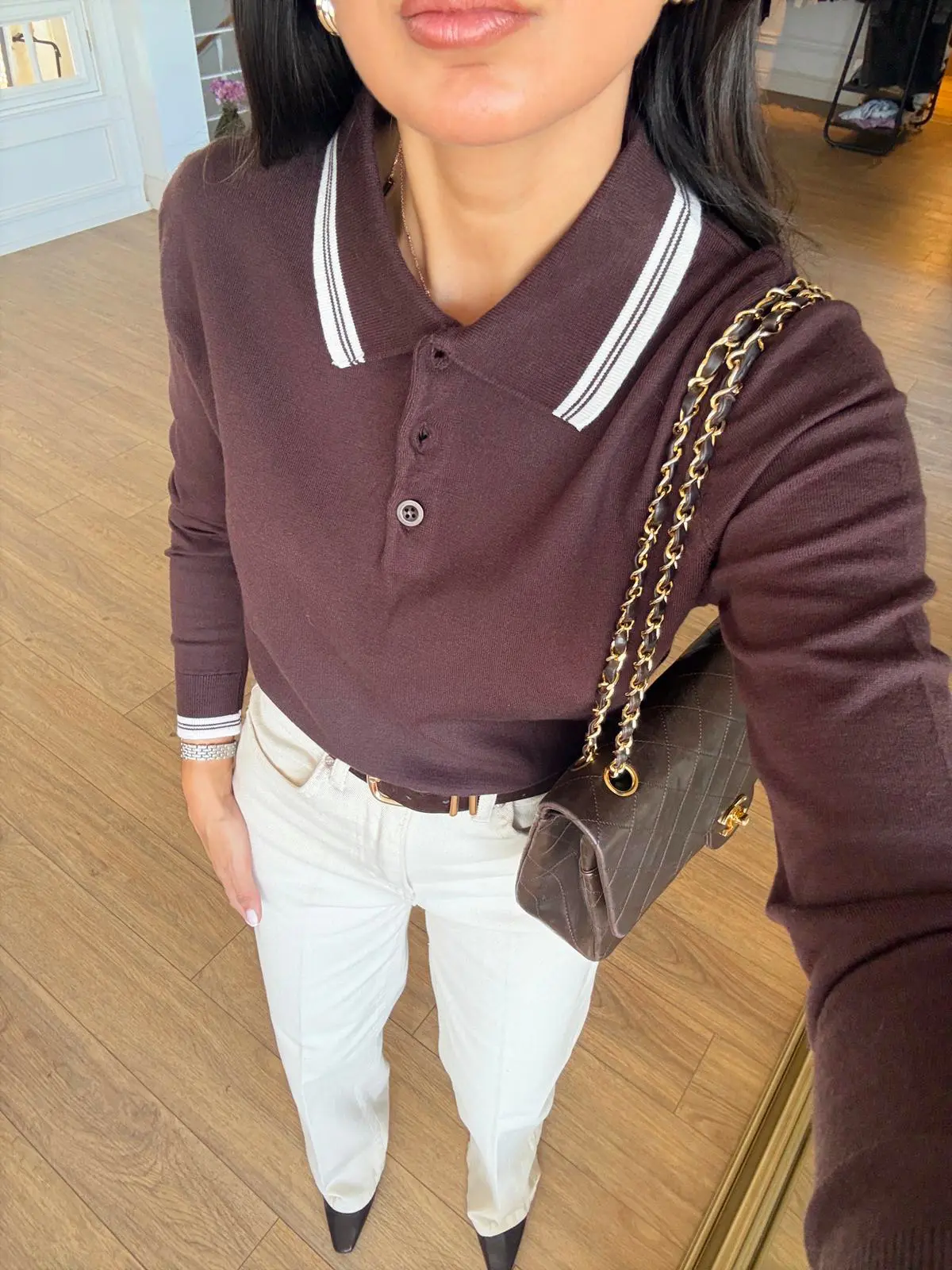 Yakası Biyeli Düğme Detaylı Triko - Kahve, Standart