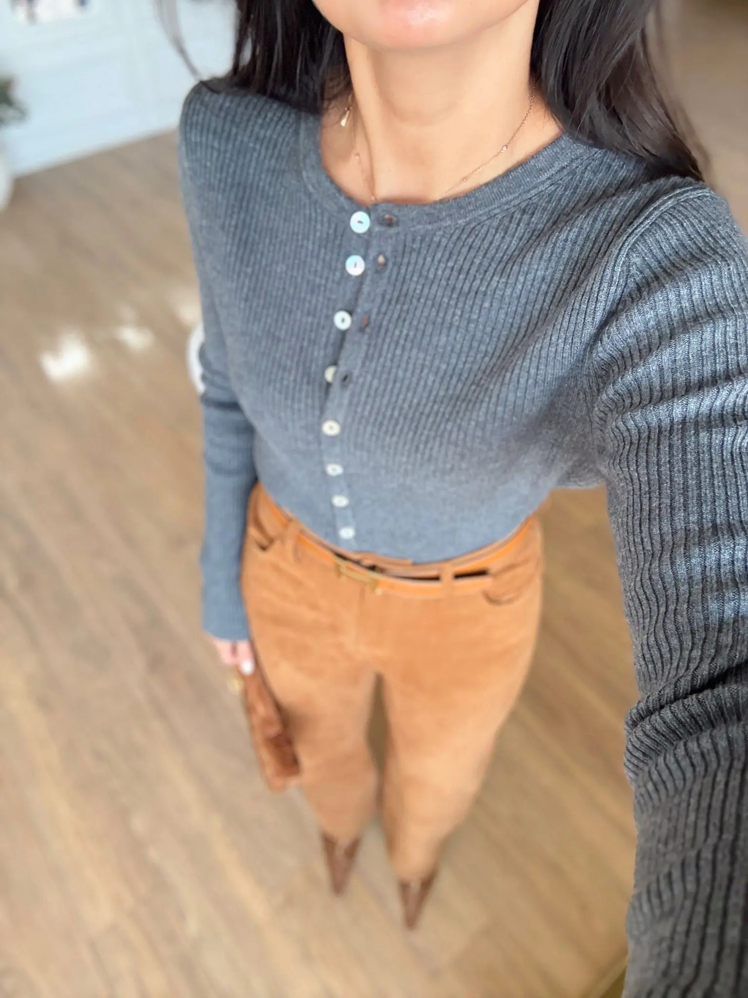 Stan Sedef Düğmeli Bisiklet Yaka Yünlü Triko - Füme, Standart