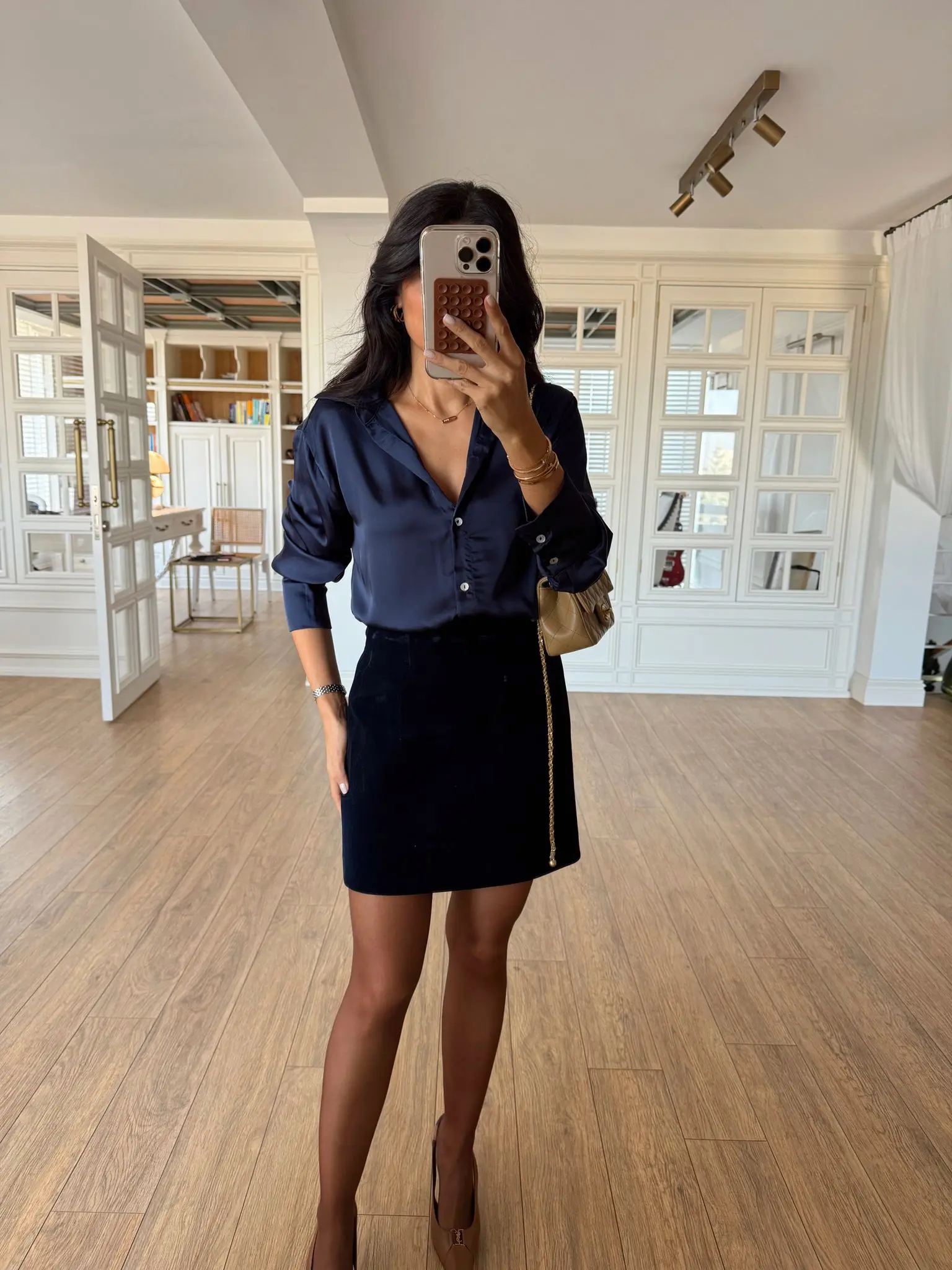 Stars Sedef Düğmeli Saten Gömlek - Lacivert, 34