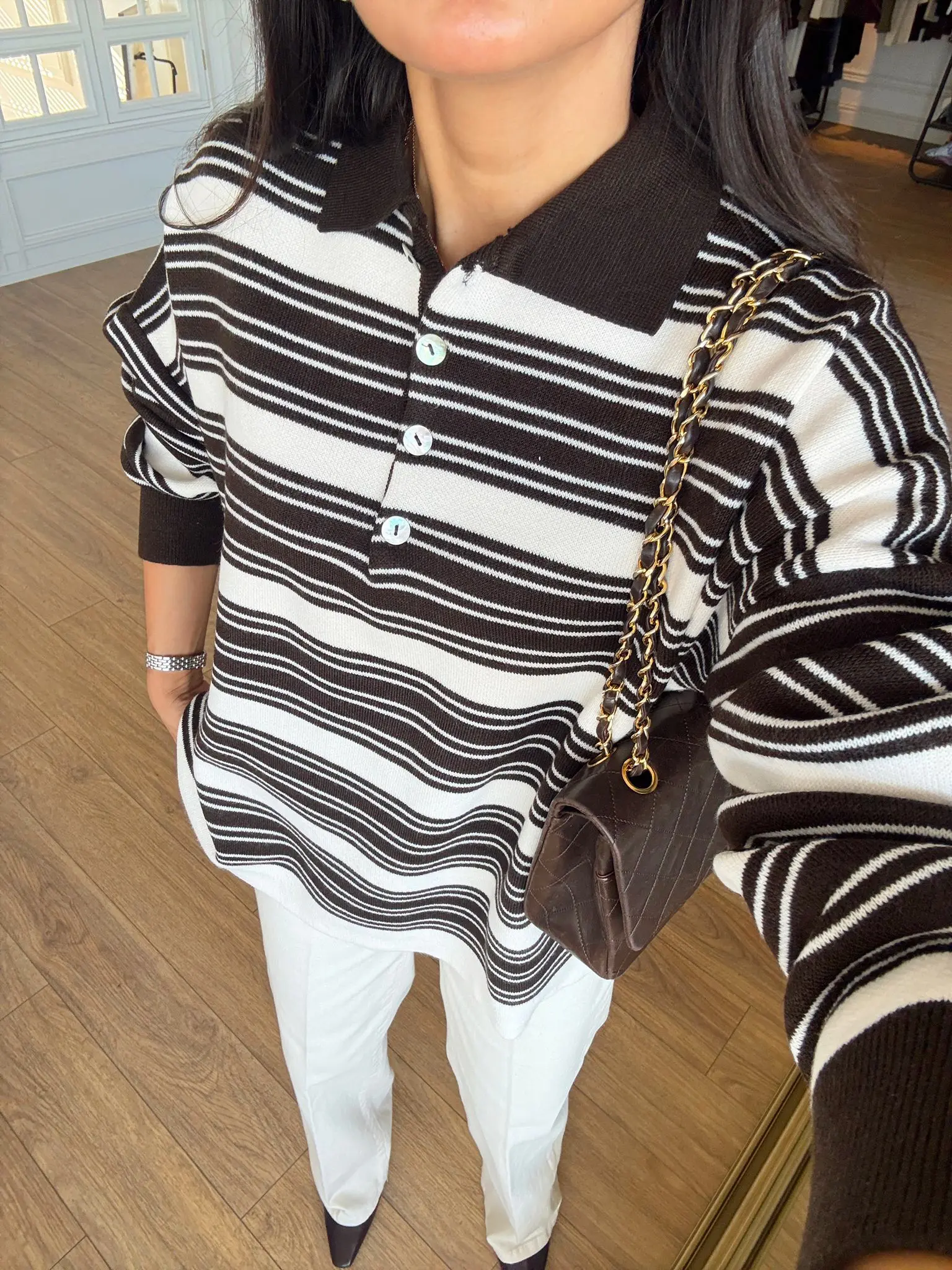 Bavilla Style Polo Yaka Çizgili Triko - Kahve-Krem, Standart