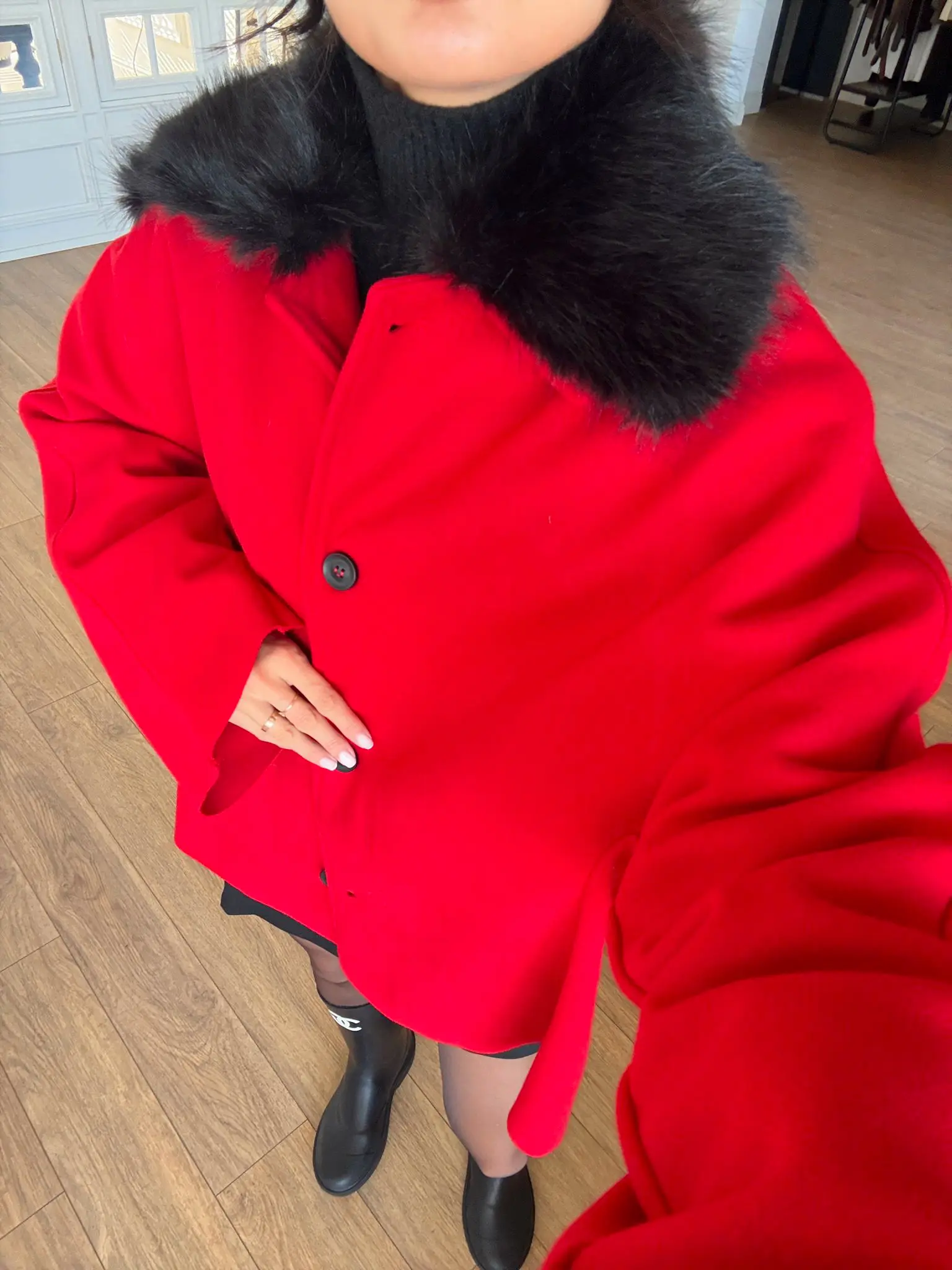 Galo Yakası Kürklü Bel Kesik Detaylı Ceket - Kırmızı, Standart