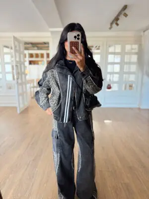 Olioness Antrasit Leopar Şerit Detaylı Fermuarlı Jean Ceket