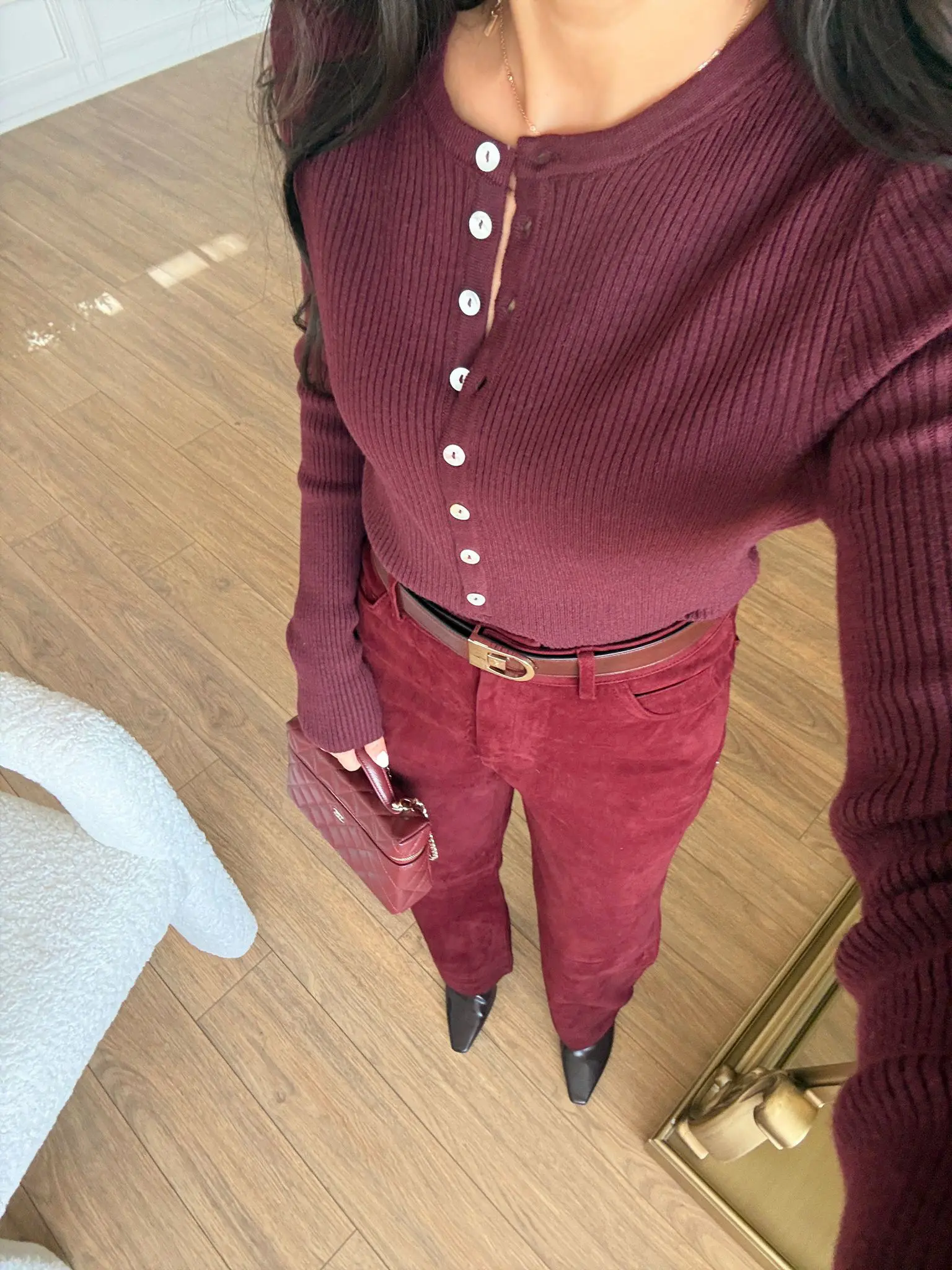 Stan Sedef Düğmeli Bisiklet Yaka Yünlü Triko - Bordo, Standart