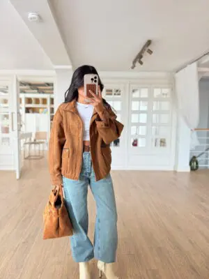 Asus Özel Seri Taba Cep Fermuar Detaylı Bel Lastikli Süet Ceket