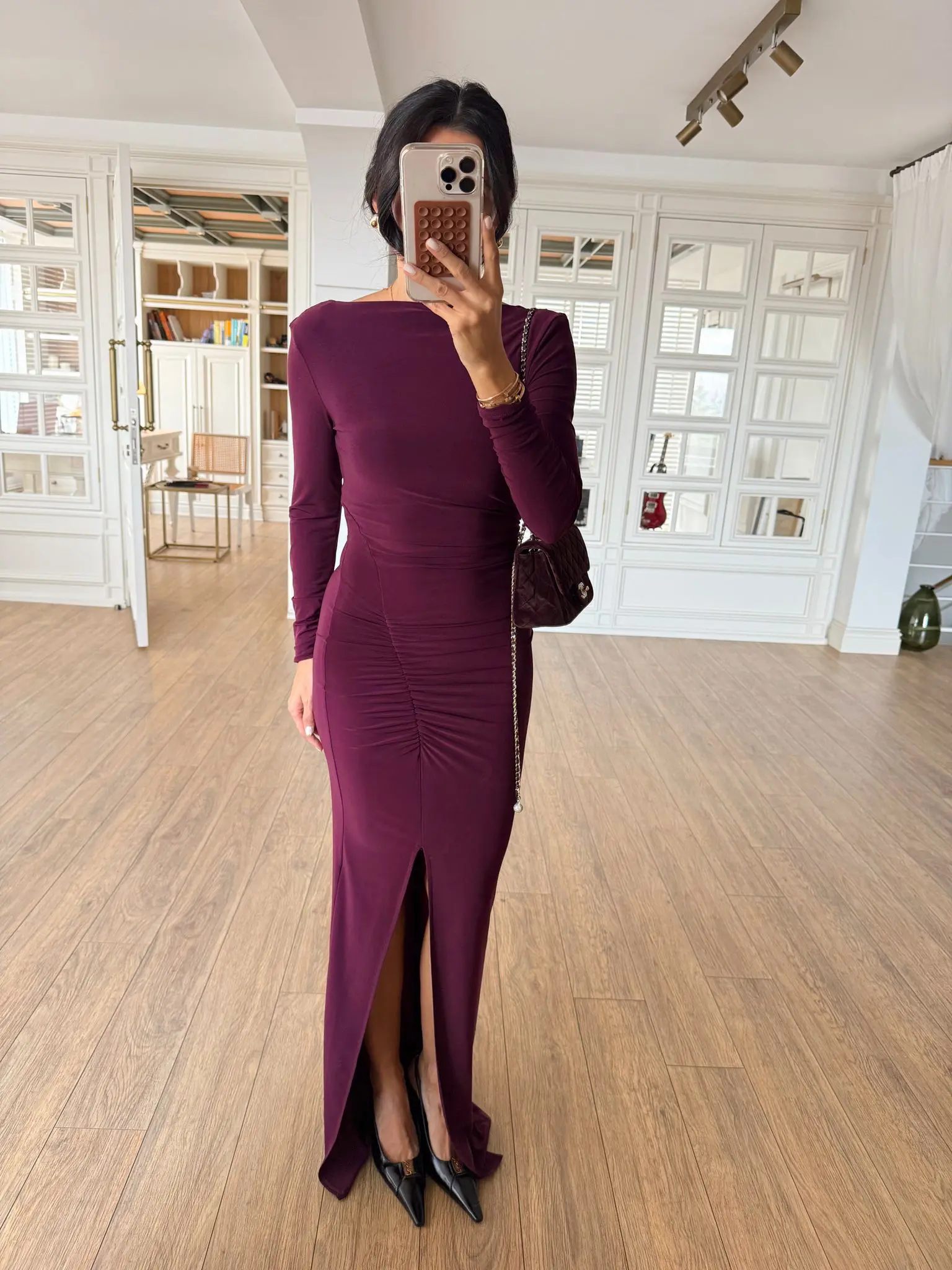 Pesperadas Ön Yırtmaç Detaylı Uzun Kollu Kayık Yaka Elbise