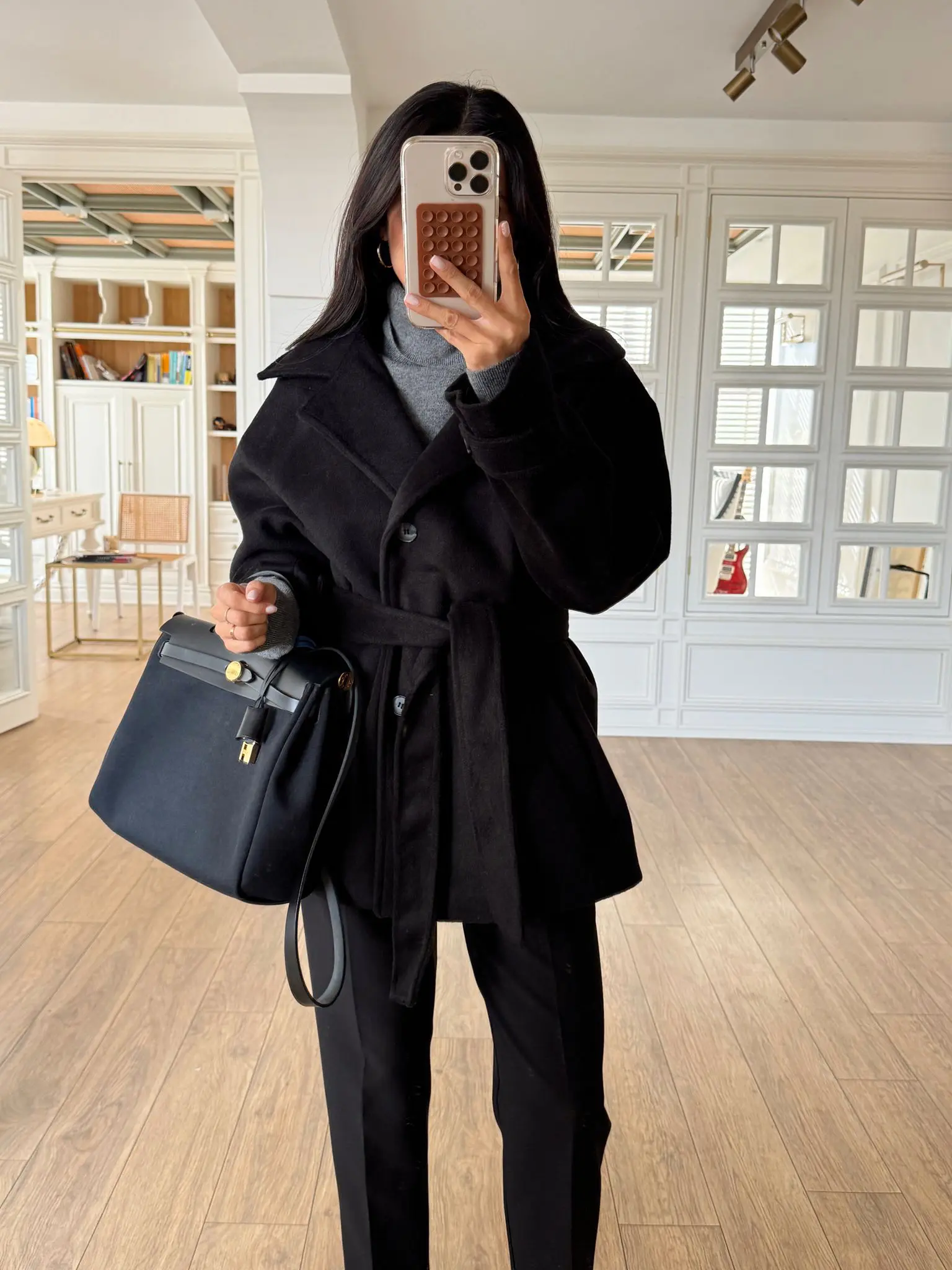 Neristo Kuşaklı Oversize Kaban - Siyah, Standart