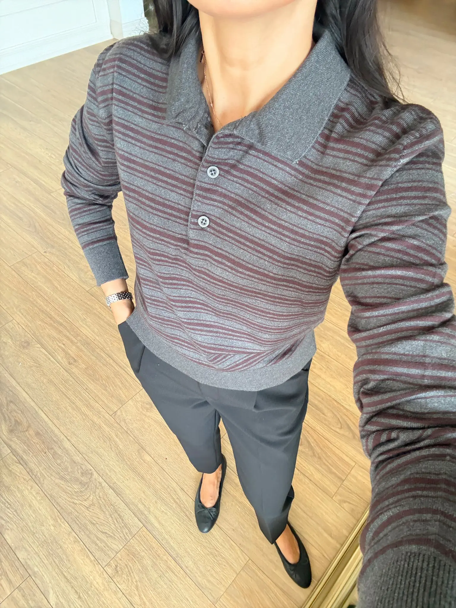 Edith Çizgili Uzun Kollu Polo Yaka Triko - Füme-Bordo, Standart