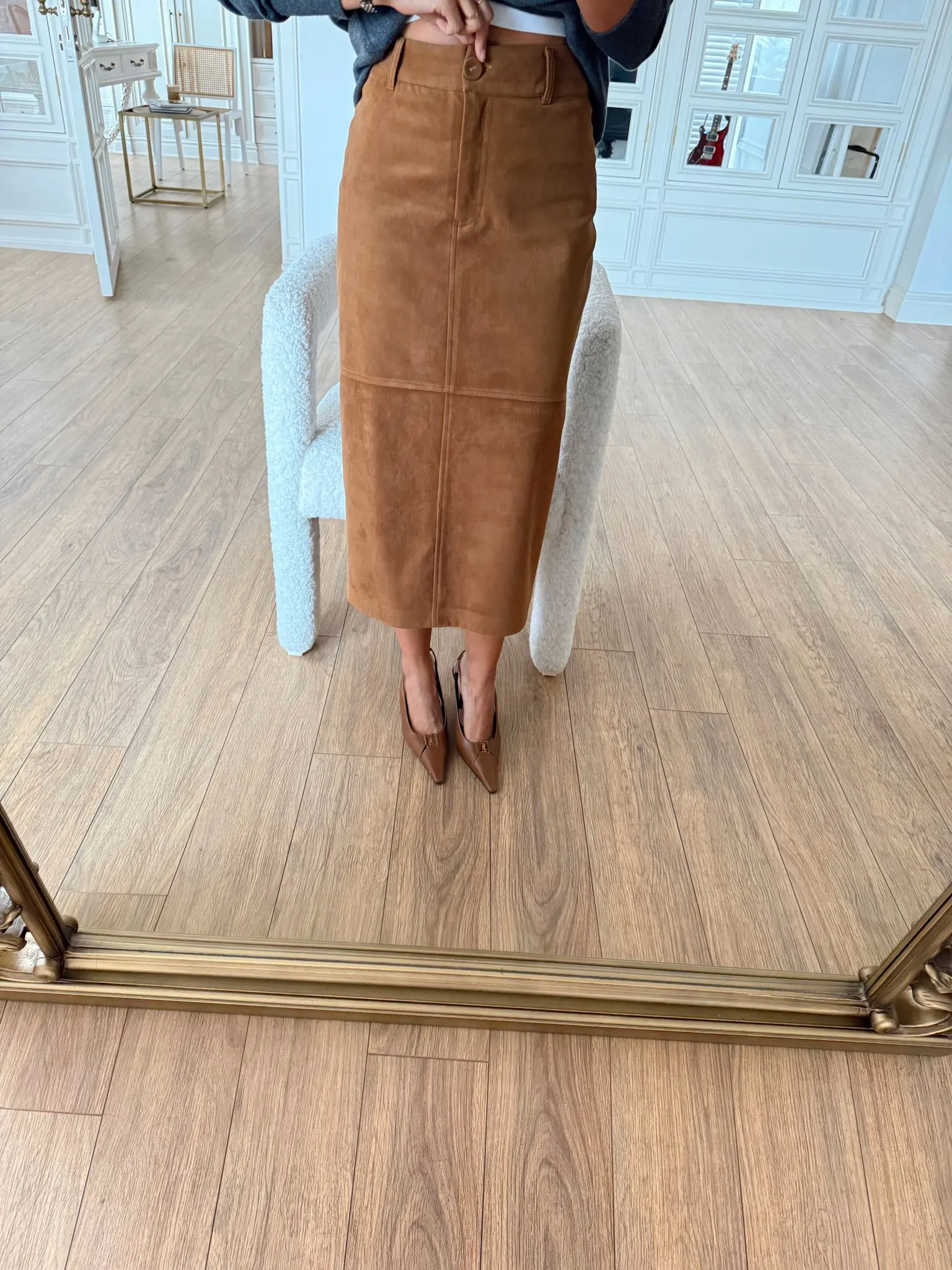 Omayra Süet Arka Yırtmaç Detaylı Midi Etek