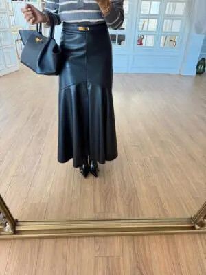 Optimus Siyah Dikiş Detaylı Maxi Deri Etek