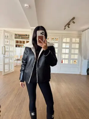 Erabor Siyah İçi Peluş Detaylı Düğmeli Deri Mont