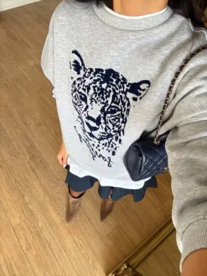 Olisa Gri Kaplan Baskılı Beyaz Biye Detaylı Baskılı Sweat