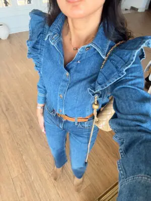 Elissa Omuz Fırfırlı Gold Düğmeli Jean Gömlek