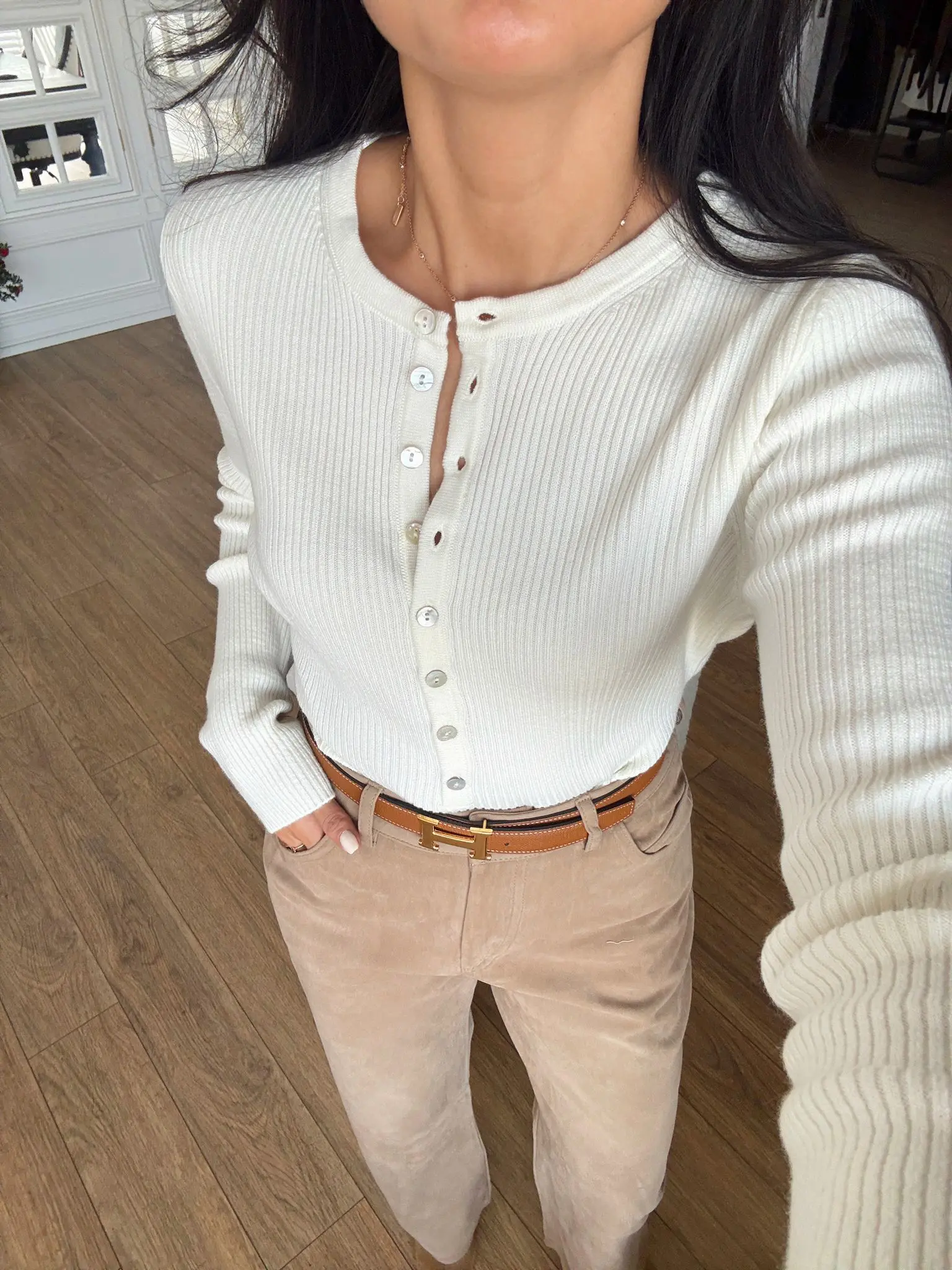 Stan Sedef Düğmeli Bisiklet Yaka Yünlü Triko - Ekru, Standart