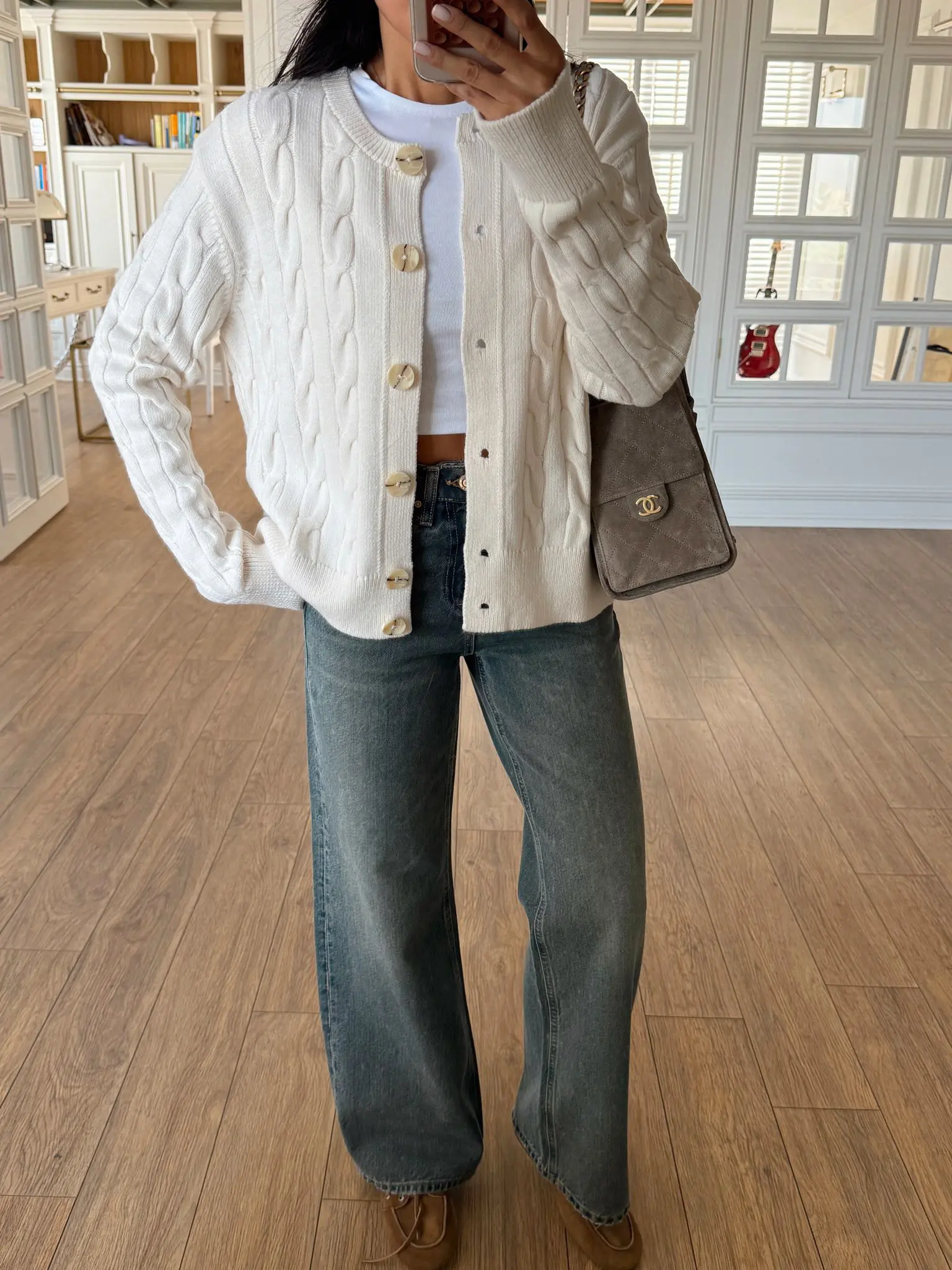 Vanessa Beş Düğmeli Saç Örgü Triko Hırka - Krem, Standart