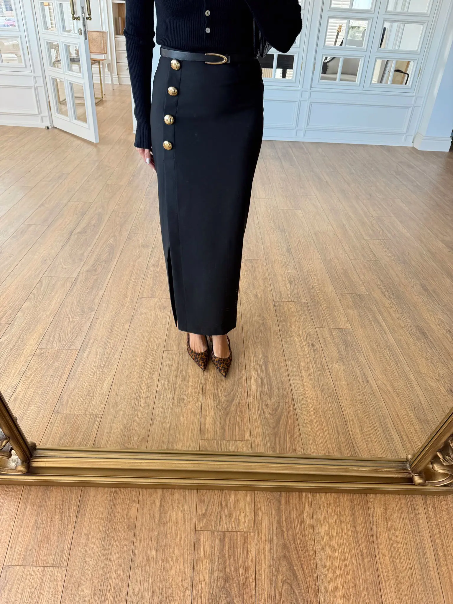 Napolina More Gold Düğmeli Yan Yırtmaçlı Kalem Etek - Siyah, 36