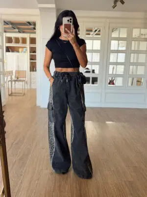 Olekto Antrasit Leopar Detaylı Kargo Cepli Palazzo Jean