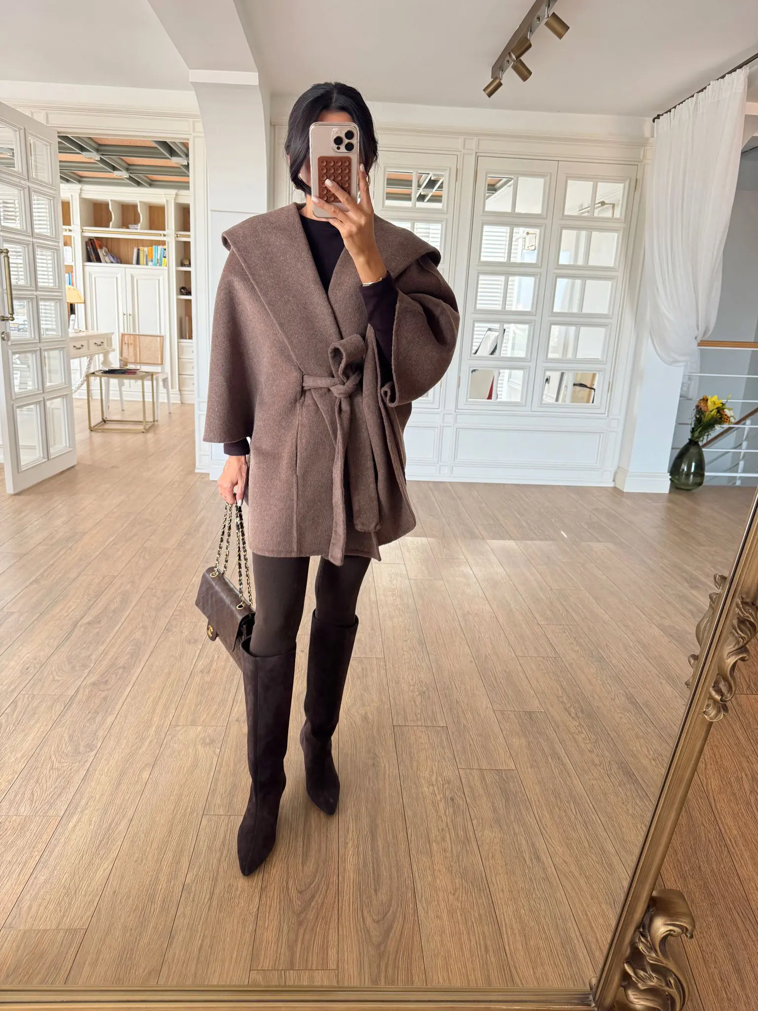 Oska Hamburg Kapüşonlu Ekoseli Yün Kaban - Vizon, Standart