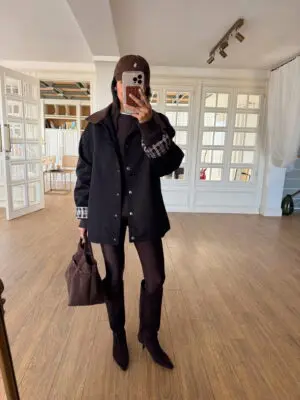 Mabel Deri Yaka Detaylı Ekose Astarlı Siyah Ceket