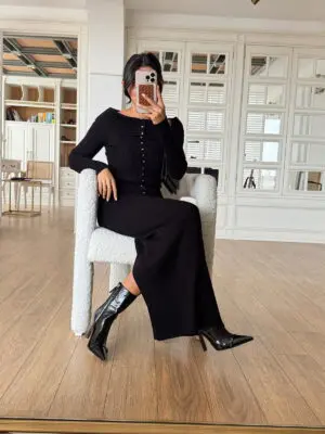 Texus Mov Fesima Siyah Fitilli Gold Düğmeli Bluz Maxi Boy Etek Takım