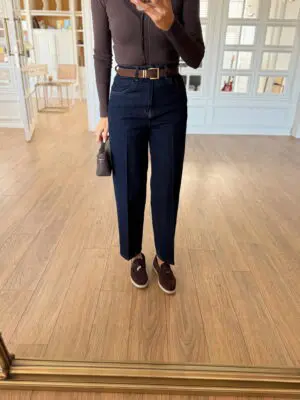 Kahve Süet Kemerli Koyu Lacivert Mom Jean